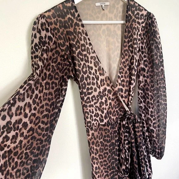 Ganni Animal Print Mesh Mini Wrap Dress Size Small 36 - Picture 11 of 15